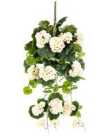 Die künstliche Hängepflanze Geranie 75 cm weiß ist eine künstliche Hängepflanze mit Büscheln aus weißen Blüten und grünen Blättern, vertikal vor einem schlichten weißen Hintergrund.