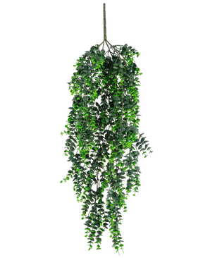 Die künstliche Hängepflanze Eukalyptus UV 80 cm hat dichte, herabhängende grüne Blätter und einen sichtbaren Stiel an der Spitze vor einem schlichten weißen Hintergrund.