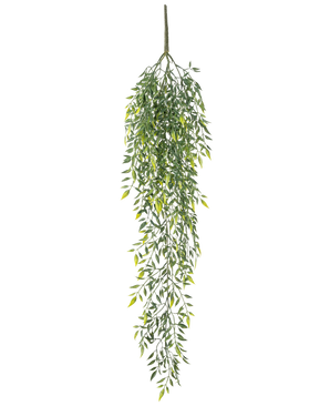 Die künstliche Hängepflanze Bambus 90 cm ist ein künstlicher hängender Bambusstrauch mit vielen kleinen Blättern an feinen Zweigen, vor einem schlichten weißen Hintergrund.
