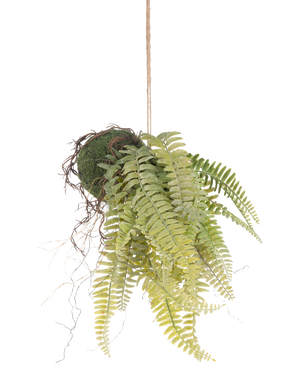Die künstliche Hängepflanze „Frosted Farn on Ball“ (76 cm) hat lebensechte grüne Farnblätter und freiliegende Wurzeln im Kokedama-Stil und hängt an einer braunen Kordel – perfekt, um jedem Raum dauerhaftes Grün zu verleihen.