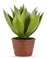 Die Kunstpflanze Agave 25 cm hat dicke, spitze grüne Blätter in einem rotbraunen Topf mit Struktur vor einem schlichten weißen Hintergrund.