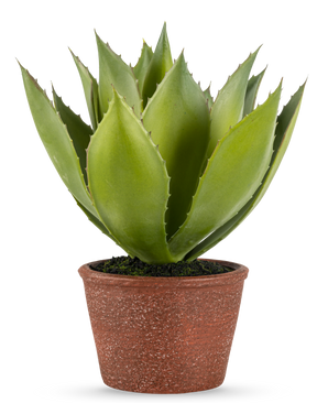 Die Kunstpflanze Agave 25 cm hat dicke, spitze grüne Blätter in einem rotbraunen Topf mit Struktur vor einem schlichten weißen Hintergrund.