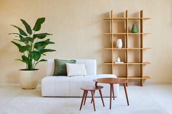 Minimalistisches Wohnzimmer mit einem weißen Sofa, zwei Kissen, Satztischen aus Holz und einer großen Kunstpflanze Strelitzia Real Touch Deluxe 180 cm für eine tropische Atmosphäre. Vor der beigen Wand steht ein modernes offenes Bücherregal aus Holz mit Vasen.