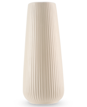 Die Vase Dust 20 cm beige ist eine hohe, cremefarbene Keramikvase mit einer glatten, matten Oberfläche und vertikalen Rippen. Durch das moderne, leicht konische Design eignet sie sich perfekt als Vase für Kunstblumen.