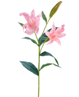Die künstliche Blumenlilie Real Touch Pink 95 cm hat einen einzelnen grünen Stiel mit zwei blühenden rosa Lilien und einer geschlossenen Knospe, umgeben von langen, spitzen grünen Blättern, vor einem weißen Hintergrund.