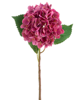 Eine lila-rote künstliche Hortensie Real Touch-Blume mit grünen Blättern, 58 cm hoch.