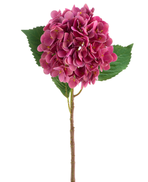 Eine lila-rote künstliche Hortensie Real Touch-Blume mit grünen Blättern, 58 cm hoch.