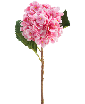 Die künstliche Blume Hortensie Real Touch rosa 58 cm ist ein einzelner rosafarbener künstlicher Hortensienstiel mit grünen Blättern, mit einer runden Blüte aus vielen kleinen Blütenblättern, wunderschön detailliert und isoliert auf einem weißen Hintergrund.