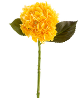 Die Kunstblume Charlotte Hortensia Real Touch in Gelb, 55 cm, ist eine einzelne künstliche Hortensienblume mit grünen Blättern und einem langen Stiel vor einem weißen Hintergrund.