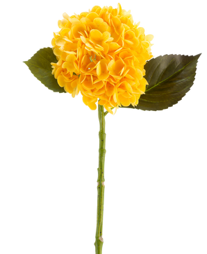 Die Kunstblume Charlotte Hortensia Real Touch in Gelb, 55 cm, ist eine einzelne künstliche Hortensienblume mit grünen Blättern und einem langen Stiel vor einem weißen Hintergrund.