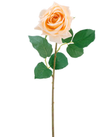 Die künstliche Blume Crystal Touch feuchtigkeitsspendende Rose Real Touch in Champagner ist eine einzelne künstliche Rose mit grünen Blättern auf einem 43 cm langen, schlanken Stiel, abgebildet vor einem schlichten weißen Hintergrund.