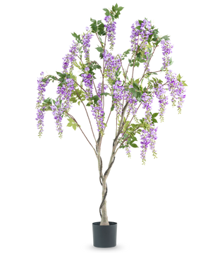 Die 180 cm große künstliche Wisteria-Pflanze hat einen gedrehten Stamm mit lebensechten Büscheln lila Blüten und grünen Blättern vor einem weißen Hintergrund.