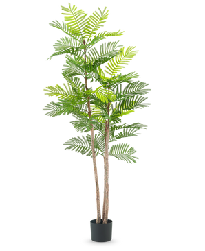 De Kunst Varen plant 150 cm is een hoge kunstplant met slanke bruine stengels en groene varenachtige bladeren, in een kleine zwarte pot tegen een effen witte achtergrond.