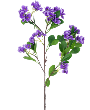 Der künstliche Blumen-Schneeball Real Touch Lilac 80 cm hat einen einzelnen künstlichen Zweig mit Büscheln leuchtend lila Blüten und grünen Blättern an mehreren Stielen vor einem schlichten weißen Hintergrund.