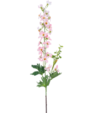 Eine einzelne künstliche Blume Delphinium 79 cm hellrosa hat mehrere kleine hellrosa Blüten und grüne Blätter, isoliert auf einem weißen Hintergrund.