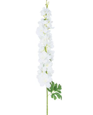 Künstliche Blume Delphinium 105 cm weiß: ein einzelner langer Stiel mit mehreren weißen Blüten und grünen Blättern, präsentiert vor einem schlichten weißen Hintergrund.