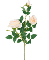 Die künstliche Rose Neo Deluxe 75 cm beige hat einen einzelnen Stiel mit zwei hellbeigen blühenden Rosen, einer Rosenknospe und mehreren grünen Blättern vor einem schlichten weißen Hintergrund.
