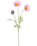 Die künstliche Mohnblume 73 cm hellrosa hat einen einzelnen Stiel mit zwei offenen hellrosa Mohnblüten, einer geschlossenen Knospe, Rüschen in den Blütenblättern, gelben Herzen und grünen Blättern auf weißem Hintergrund.