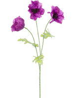 Die künstliche Mohnblume 73 cm in Flieder hat drei lila künstliche Mohnblüten mit grünen Stielen und Blättern vor einem schlichten weißen Hintergrund. Die zarten, leicht gekräuselten Blütenblätter verleihen dem Arrangement Struktur.