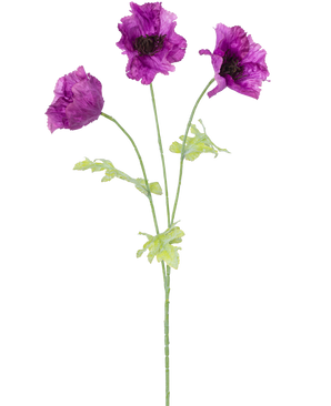 Die künstliche Mohnblume 73 cm in Flieder hat drei lila künstliche Mohnblüten mit grünen Stielen und Blättern vor einem schlichten weißen Hintergrund. Die zarten, leicht gekräuselten Blütenblätter verleihen dem Arrangement Struktur.