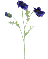 Eine botanische Illustration der künstlichen Blumenmohnblume 73 cm dunkelblau zeigt drei hellgrüne Stiele – zwei mit Rüschen aus dunkelblauen Blüten und einer mit einer geschlossenen Knospe vor weißem Hintergrund.