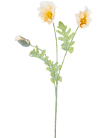 Eine zarte botanische Illustration einer künstlichen Mohnblume, 73 cm, cremefarben, mit zwei offenen gelben Blüten und einer geschlossenen Knospe auf grünen Stielen mit gezackten Blättern, vor einem weißen Hintergrund.