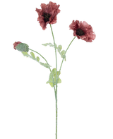 Aquarell-Illustration der künstlichen Mohnblume, 73 cm, lila, mit drei dunkelroten Blüten mit grünen Stielen und Blättern, vor einem schlichten weißen Hintergrund.