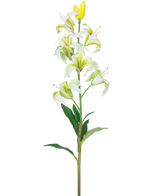 Die künstliche Blumen-Martagon-Lilie 78 cm weiß hat einen langen Stiel mit mehreren weißen Lilienblüten und -knospen, einem gelben Herzen und grünen Blättern, isoliert auf weißem Hintergrund.