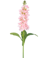 Die Kunstblume Violier 78 cm rosa ist eine einzelne hellrosa Kunstblume mit mehreren kleinen Blüten entlang des aufrechten Stiels und grünen Blättern vor einem weißen Hintergrund.