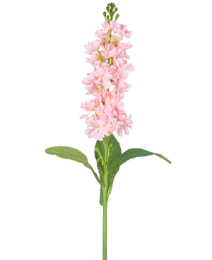 Die Kunstblume Violier 78 cm rosa ist eine einzelne hellrosa Kunstblume mit mehreren kleinen Blüten entlang des aufrechten Stiels und grünen Blättern vor einem weißen Hintergrund.