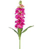 Eine einzelne künstliche Blume Violier 78 cm Fuchsia mit mehreren leuchtend rosa Blüten und grünen Blättern vor einem schlichten weißen Hintergrund.