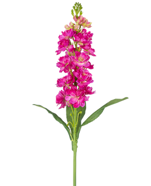 Eine einzelne künstliche Blume Violier 78 cm Fuchsia mit mehreren leuchtend rosa Blüten und grünen Blättern vor einem schlichten weißen Hintergrund.