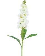Die künstliche Blume Violier 78 cm weiß hat einen langen Stiel mit weißen Blütenbüscheln an der Spitze und langen grünen Blättern vor einem schlichten weißen Hintergrund.