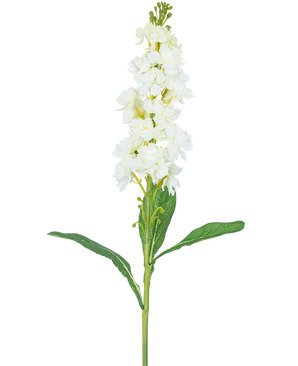 Die künstliche Blume Violier 78 cm weiß hat einen langen Stiel mit weißen Blütenbüscheln an der Spitze und langen grünen Blättern vor einem schlichten weißen Hintergrund.