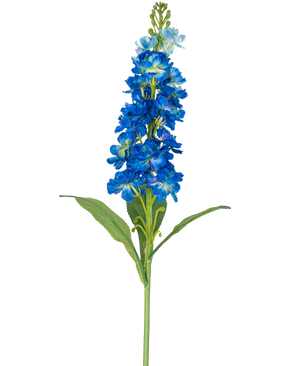 Die künstliche Blume Violier 78 cm blau ist ein einzelner künstlicher blauer Blütenstiel mit mehreren leuchtenden Blüten und grünen Blättern, perfekt zur Dekoration.