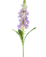 Eine einzelne künstliche Violier-Blume, 78 cm, in Hellviolett und Weiß mit grünen Blättern, vor einem weißen Hintergrund.