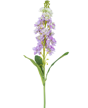 Eine einzelne künstliche Violier-Blume, 78 cm, in Hellviolett und Weiß mit grünen Blättern, vor einem weißen Hintergrund.