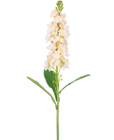 Eine einzelne cremefarbene Kunstblume Violier 78 cm hat mehrere hellcremefarbene Blüten und grüne Blätter vor einem schlichten weißen Hintergrund.