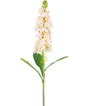 Eine einzelne cremefarbene Kunstblume Violier 78 cm hat mehrere hellcremefarbene Blüten und grüne Blätter vor einem schlichten weißen Hintergrund.