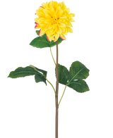 Die künstliche Blumen-Dahlie Real Touch Yellow 73 cm ist eine einzelne gelbe Dahlie mit runden Blütenblättern und roten Akzenten, einem langen grünen Stiel und einer Reihe großer grüner Blätter vor einem weißen Hintergrund.