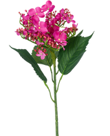 Eine einzelne künstliche Blumen-Schmetterlingshortensie, 72 cm hoch, mit leuchtend rosa Kunstblumen und grünen Blättern, vor einem weißen Hintergrund.