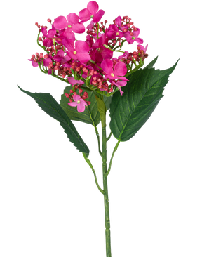 Eine einzelne künstliche Blumen-Schmetterlingshortensie, 72 cm hoch, mit leuchtend rosa Kunstblumen und grünen Blättern, vor einem weißen Hintergrund.