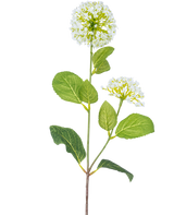 Der künstliche Blumenschneeball/Viburnum (70 cm) hat zwei Büschel kleiner weißer Blüten und mehrere grüne ovale Blätter an einem Stiel vor einem weißen Hintergrund.