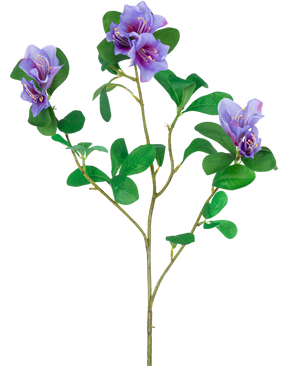Die künstliche Blume Rhododendron Azalee 73 cm lila hat einen Stiel mit grünen Blättern und drei Bündel lila Blüten mit gelben und weißen Details, isoliert auf weißem Hintergrund.