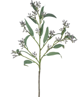 Der künstliche Zweig Eukalyptusbeere 78 cm grau hat einen einzelnen grünen Zweig mit langen, schmalen Blättern und Büscheln kleiner, gräulicher Knospen, dargestellt vor einem weißen Hintergrund.
