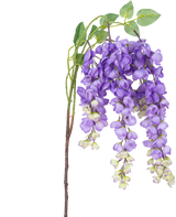 Eine künstliche Glyzinienblume, 115 cm, lila mit lila Glyzinienblüten und grünen Blättern vor einem weißen Hintergrund.