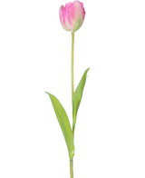 Eine einzelne künstliche französische Tulpe, 63 cm, rosa, mit einem langen grünen Stiel und zwei grünen Blättern, isoliert auf weißem Hintergrund.