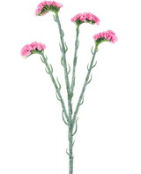 Der künstliche Zweig Statice 64 cm rosa hat drei grüne Stiele mit kleinen gekräuselten Blättern, die jeweils in Büscheln zartrosa Blüten enden, isoliert auf weißem Hintergrund.