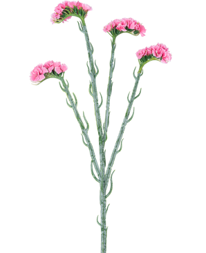Der künstliche Zweig Statice 64 cm rosa hat drei grüne Stiele mit kleinen gekräuselten Blättern, die jeweils in Büscheln zartrosa Blüten enden, isoliert auf weißem Hintergrund.