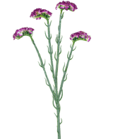 Der künstliche Zweig Statice 64 cm dunkelviolett hat drei schlanke grüne Stiele mit mehreren Zweigen, die jeweils mit einer Reihe kleiner, gerüschter dunkelvioletter Blüten bedeckt sind, alle vor einem weißen Hintergrund.
